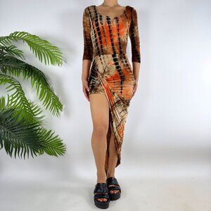 Vintage Y2K Brown Tie Dye Long Sleeve Boho Fairy Grunge Bodycon Maxi Dress / SM